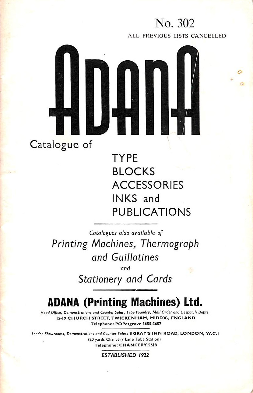 ADANA - Adana: Catalogue for Type, Blocks, Accessories, Inks & Publications