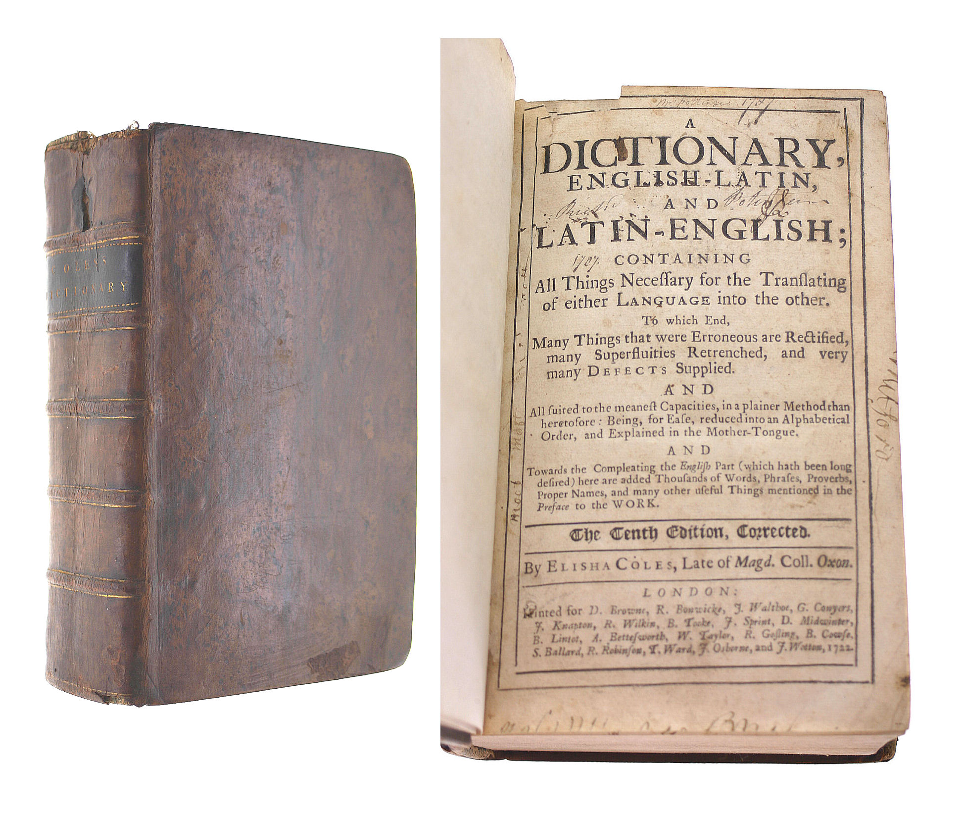 ELISHA COLES - A Dictionary, English-Latin and Latin-English Tenth Edition Corrected